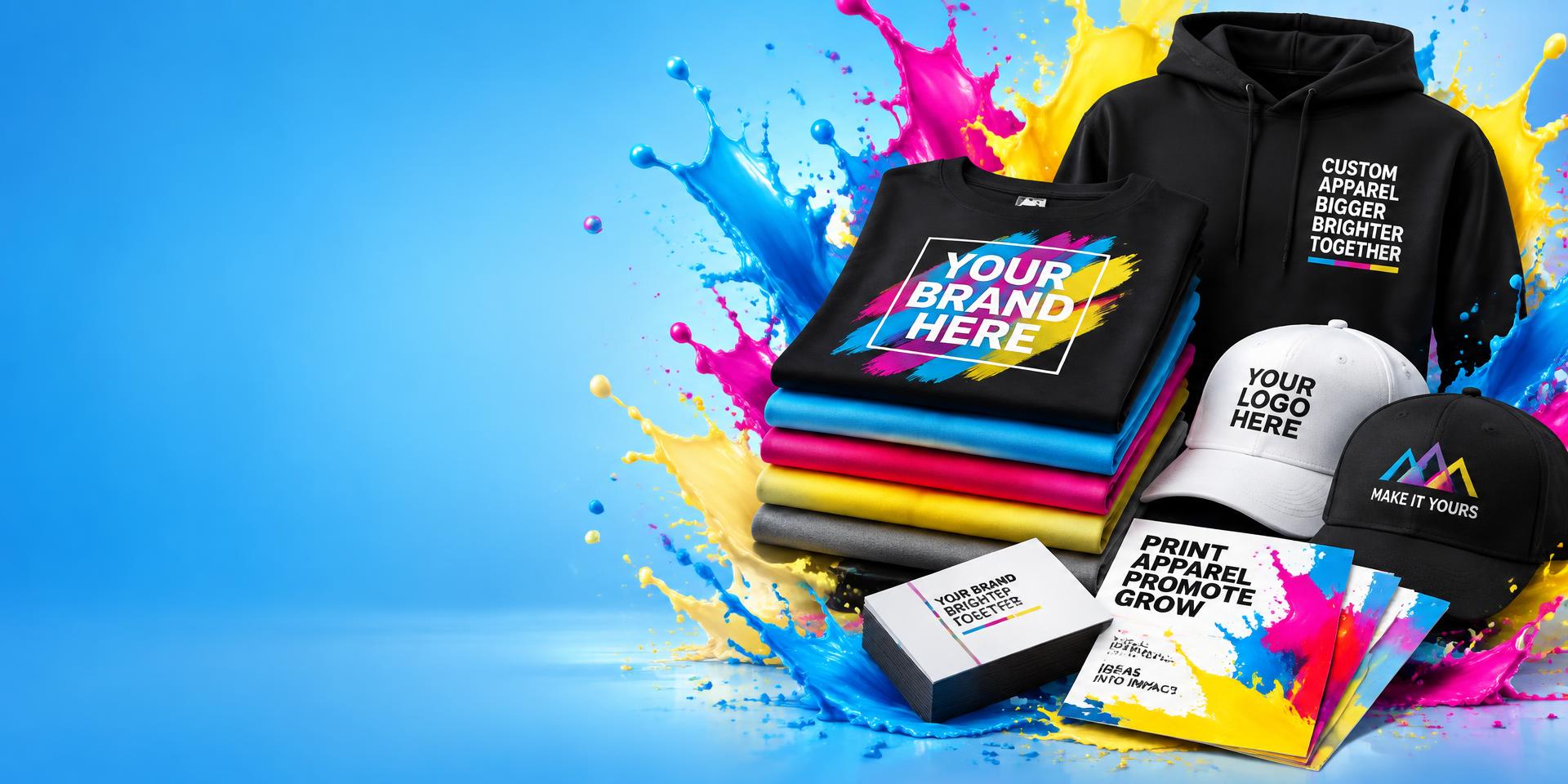 Colorful custom printed apparel, hats, business cards and flyers