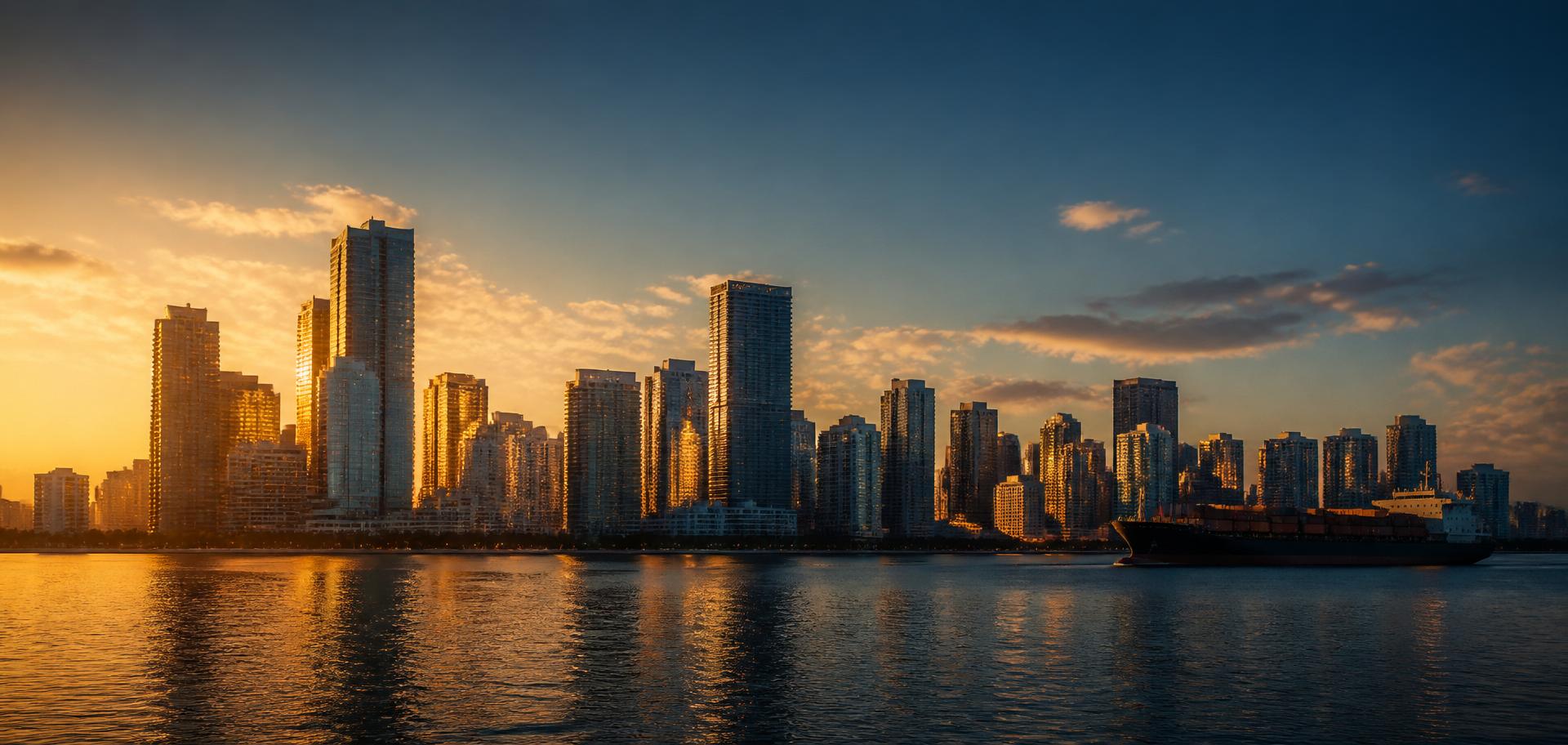 Miami skyline at dusk with cargo ship and freight truck representing global distribution